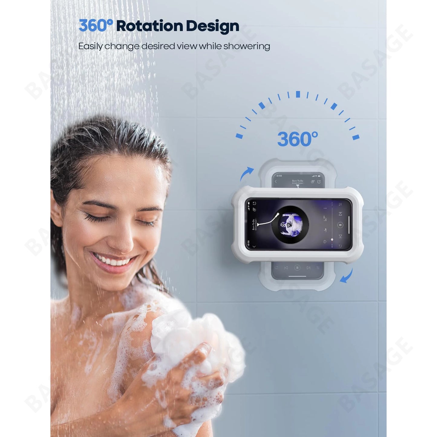 Waterproof Shower Phone Holder with 480° Rotation, Angle Adjustable, Wall Mounted Phone Holder for Bathroom Kitchen, Up to 6.8In